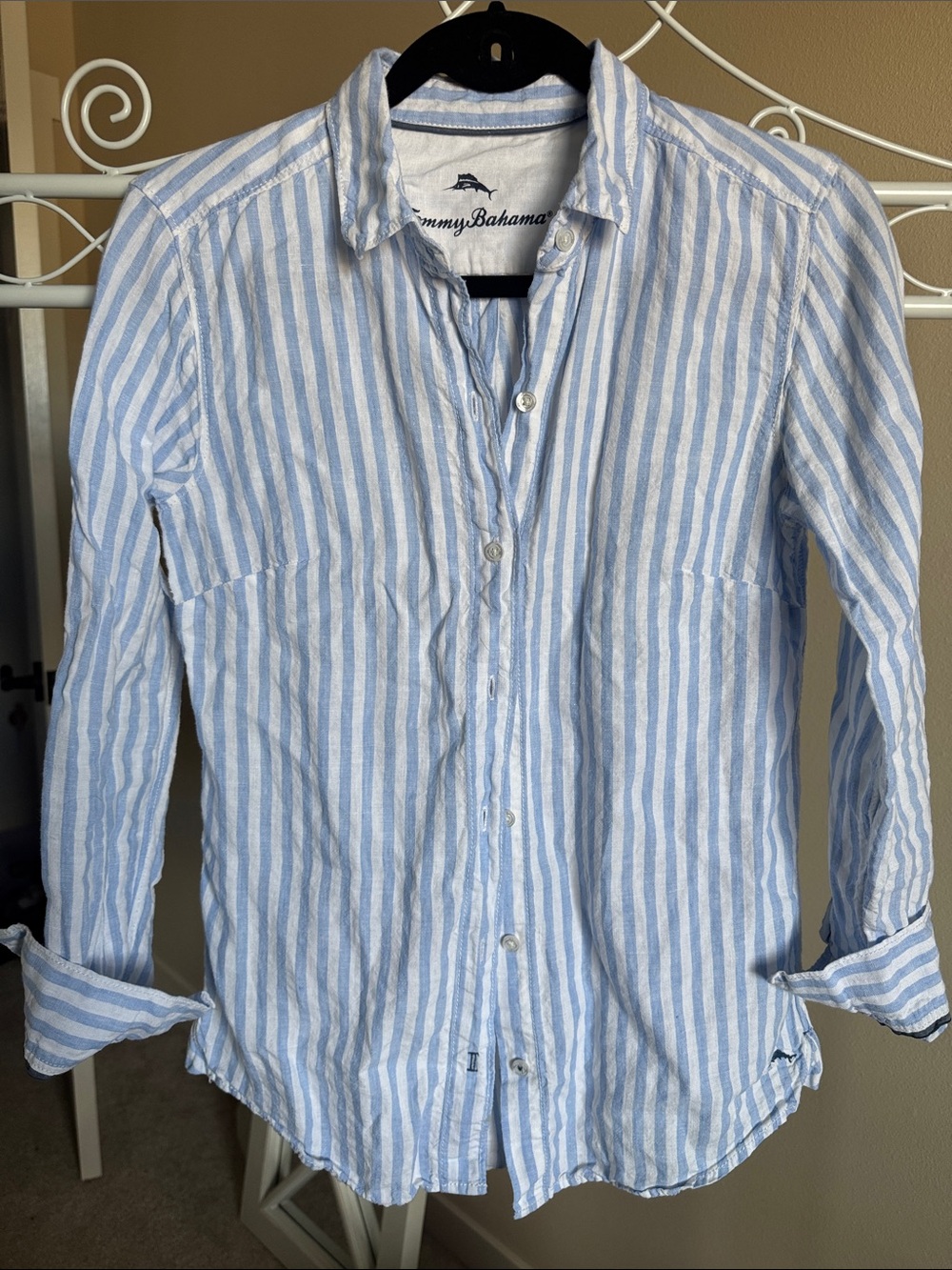 Tommy Bahama Light Blue and White Vertical Stripe 100% Linen Button-Down Shirt